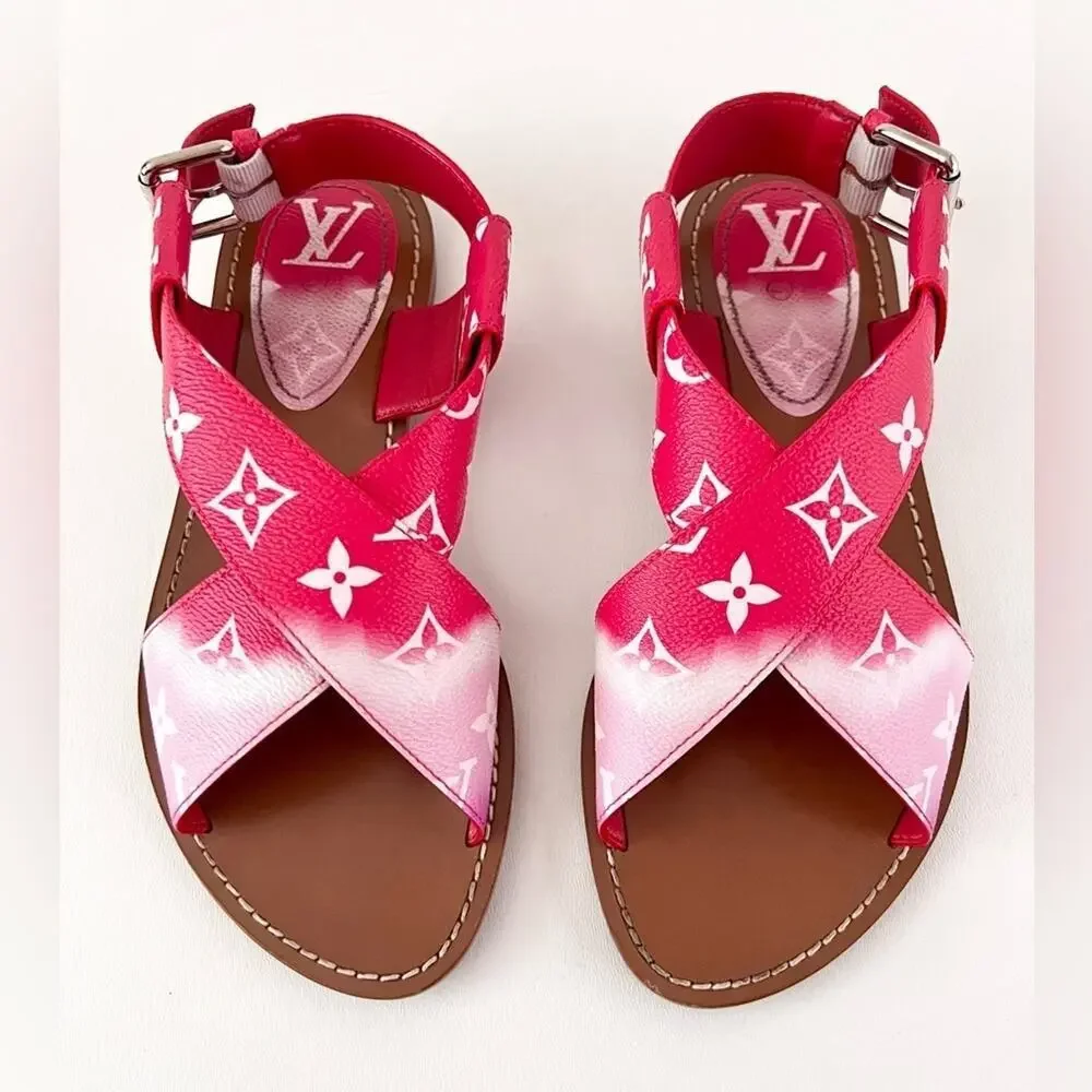 LOUIS VUITTON || Escale Palma Ombre Monogram Slide Sandals Pink EU 37.5